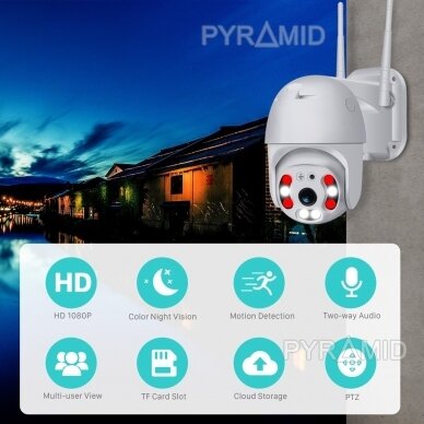 Valdoma lauko IP kamera su WIFI ir žmonių detekcijos funkcija Pyramid PYR-SH800DPB, 8Mpix, WIFI, MicroSD jungtis, iCsee app