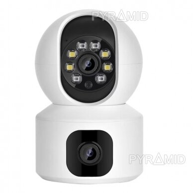 WIFI dubultkamera ar cilvēka noteikšanas piramīda PYR-SH400XDD, 2x1080p, mikrofons, WIFI, MicroSD slots, lietotne iCsee 1